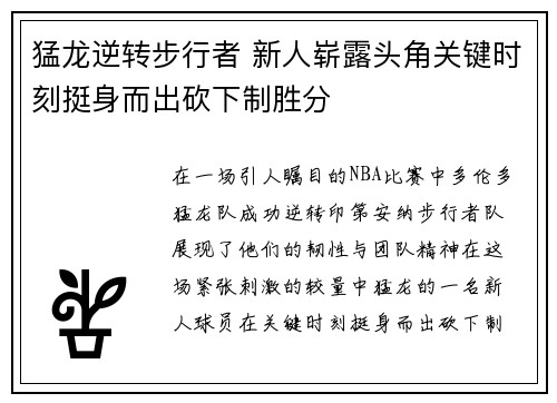 猛龙逆转步行者 新人崭露头角关键时刻挺身而出砍下制胜分