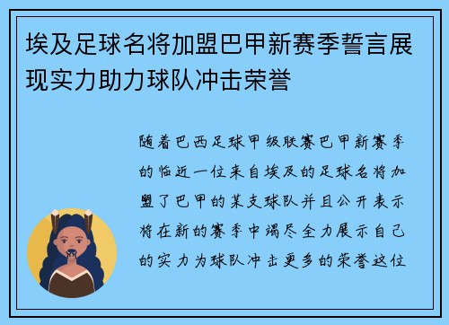 埃及足球名将加盟巴甲新赛季誓言展现实力助力球队冲击荣誉
