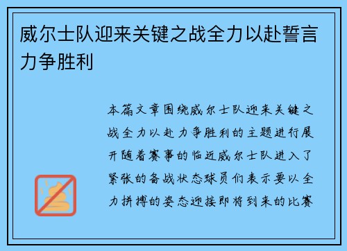 威尔士队迎来关键之战全力以赴誓言力争胜利