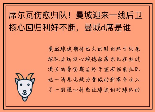 席尔瓦伤愈归队！曼城迎来一线后卫核心回归利好不断，曼城d席是谁