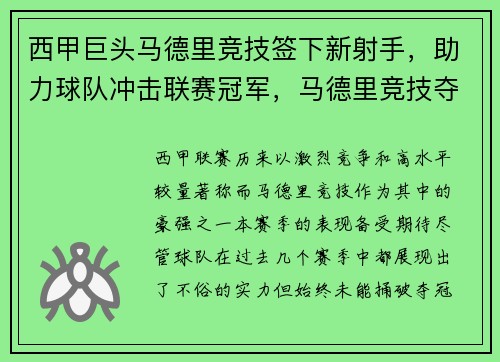 西甲巨头马德里竞技签下新射手，助力球队冲击联赛冠军，马德里竞技夺得西甲冠军