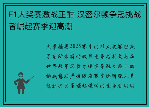 F1大奖赛激战正酣 汉密尔顿争冠挑战者崛起赛季迎高潮