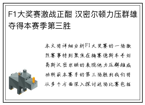 F1大奖赛激战正酣 汉密尔顿力压群雄夺得本赛季第三胜