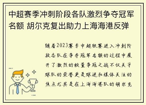 中超赛季冲刺阶段各队激烈争夺冠军名额 胡尔克复出助力上海海港反弹