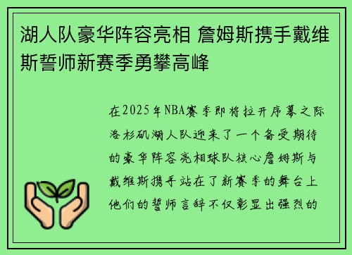 湖人队豪华阵容亮相 詹姆斯携手戴维斯誓师新赛季勇攀高峰