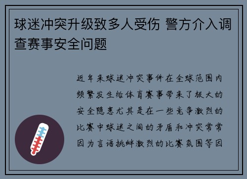 球迷冲突升级致多人受伤 警方介入调查赛事安全问题