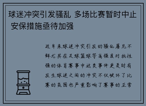 球迷冲突引发骚乱 多场比赛暂时中止 安保措施亟待加强